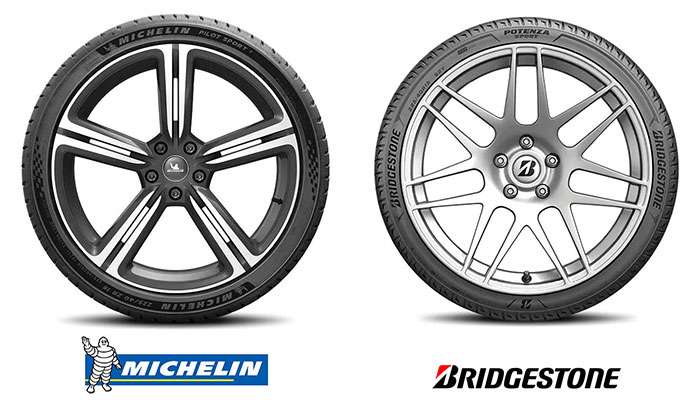 Side-by-side comparison of Michelin Pilot Sport 5 and Bridgestone Potenza Sport tires on black alloy wheels