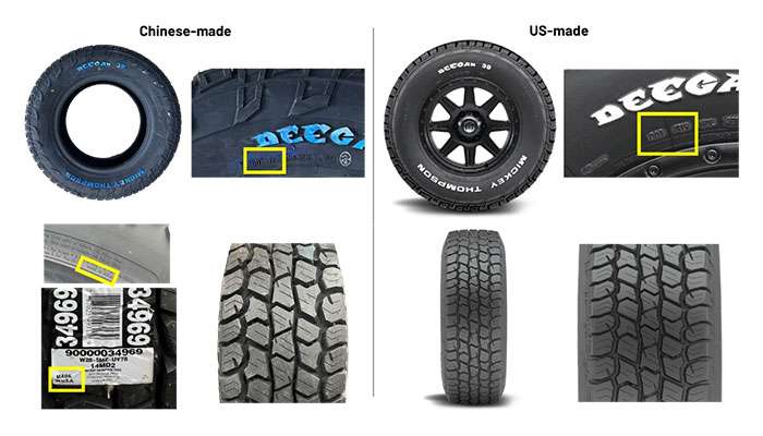 Mickey Thompson Deegan 38 tire closeup showing tread pattern and Made in USA label
