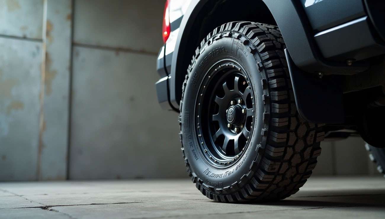 Close-up of a Milestar off-road tire mounted on a black vehicle wheel in a garage setting