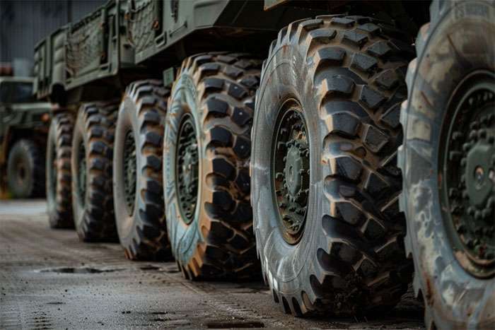 Collection of military surplus tires with visible price tags in various sizes at outdoor lot