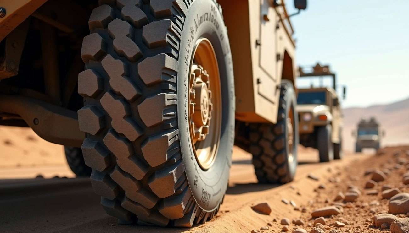 Close-up of rugged military tire on a desert terrain vehicle with more military vehicles in the background