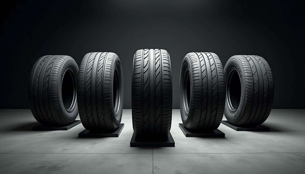 Five different black tires displayed on stands in a dark room with focused lighting highlighting their treads