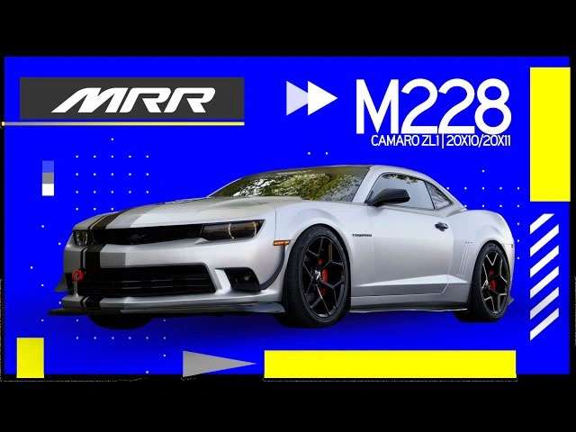 Silver Chevrolet Camaro ZL1 with black MRR M228 wheels against blue background with MRR branding