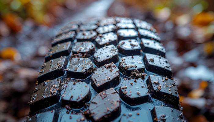 Aggressive mud-terrain tire tread pattern with large lugs and deep voids