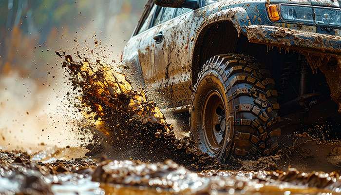 Close-up of mud-terrain tire with large tread blocks in mud