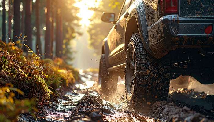 Close-up of a muddy all-terrain tire on an off-road vehicle driving through a rugged dirt path near forest