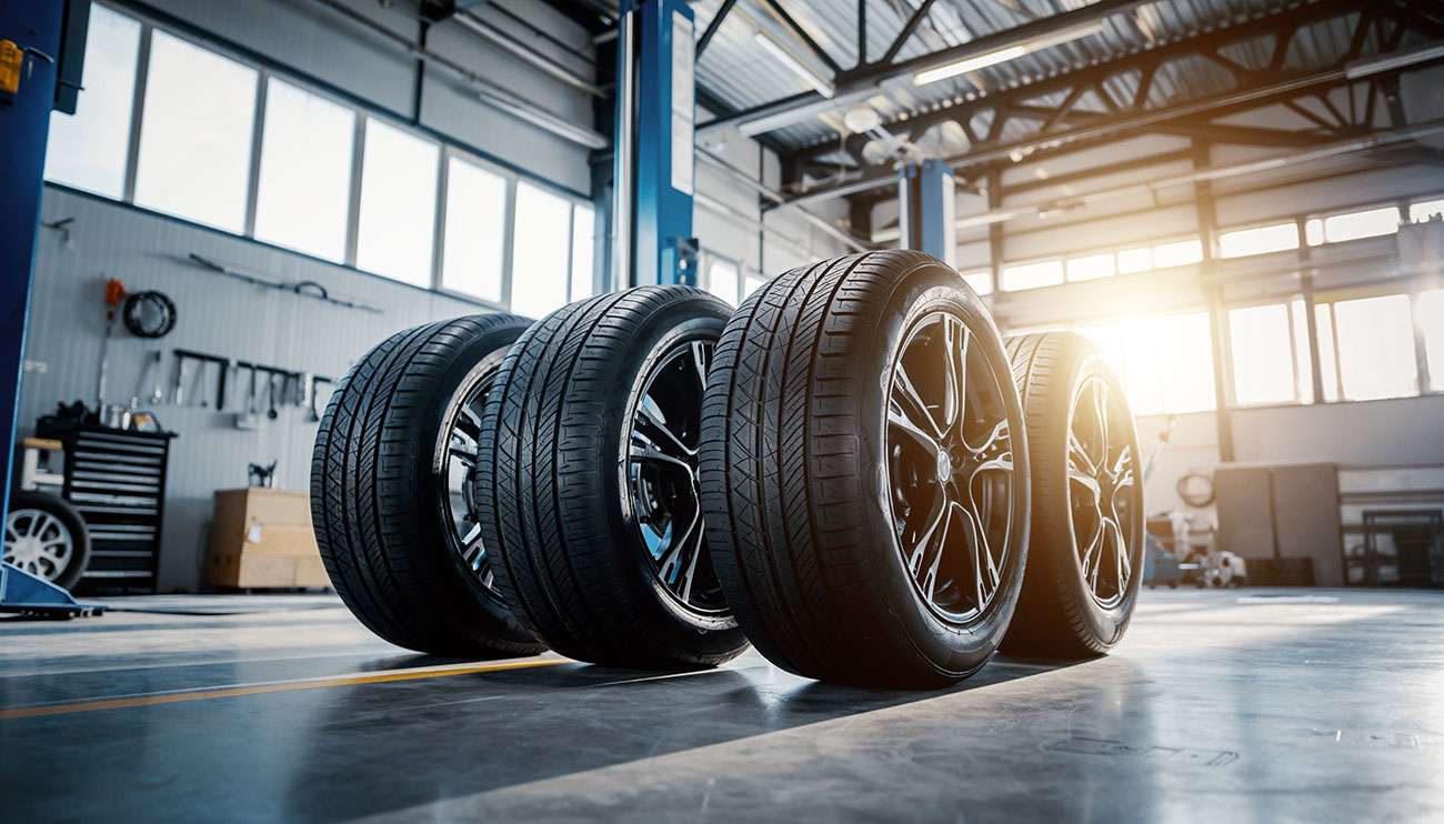 A row of new car tires lined up in a bright automotive workshop with sunlight streaming through windows