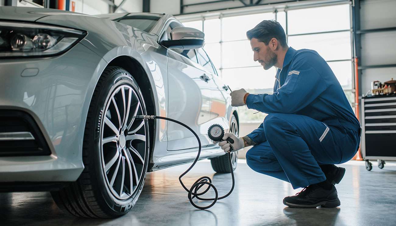 Mechanic checking tire pressure of a car tire with gauges in a brightly lit garage setting