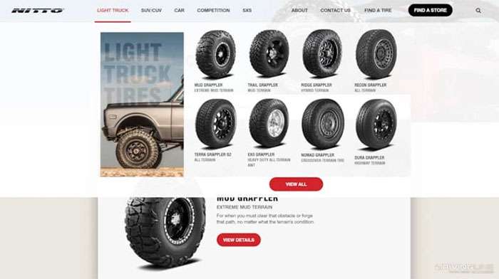 Nitto's light truck tire options including Mud Grappler, Trail Grappler, Ridge Grappler, and more for various terrains