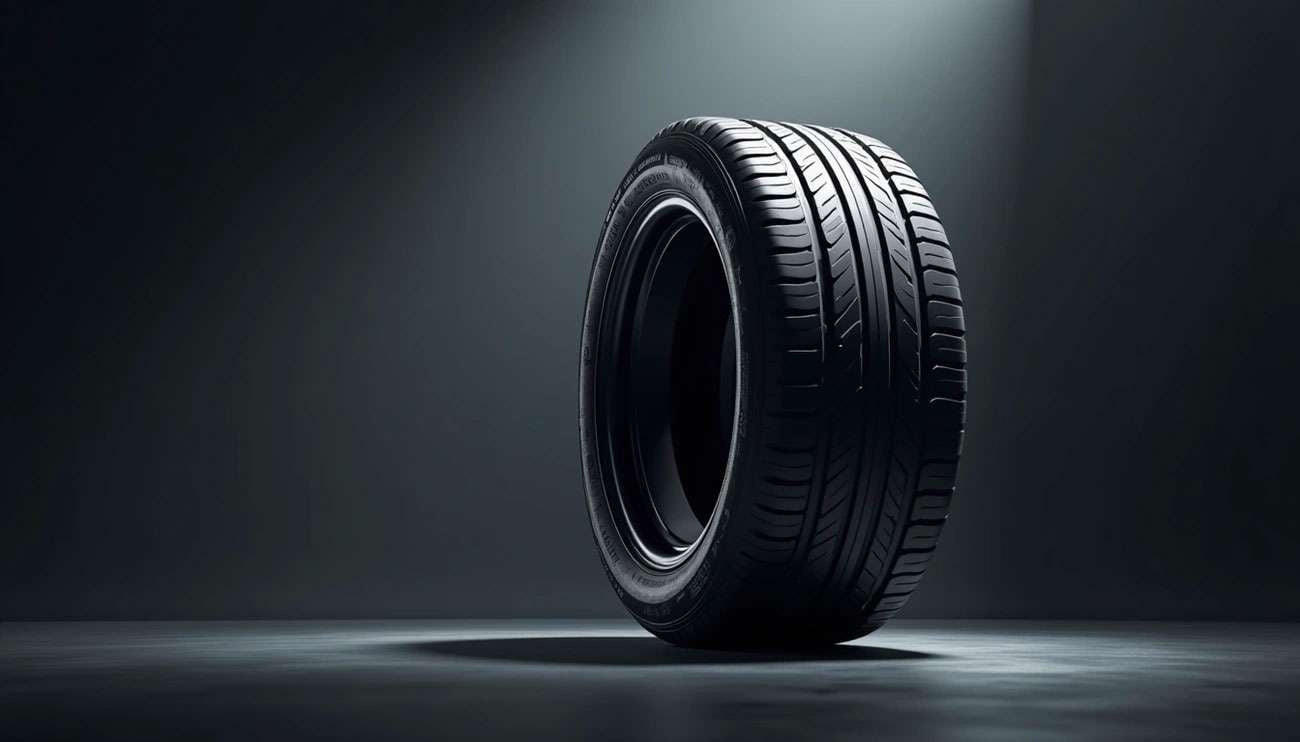 Close-up of a single Nokian tire standing on a dark surface with dramatic lighting highlighting its tread pattern