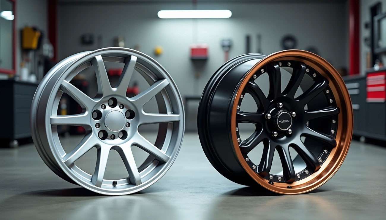 Side-by-side OEM wheel vs aftermarket wheel in a garage—silver OEM style and black aftermarket with bronze trim