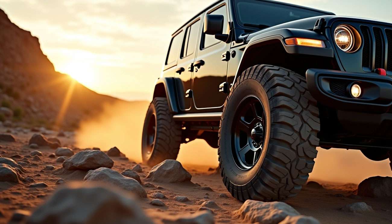 Black off-road SUV with rugged tires driving on rocky desert terrain at sunset, kicking up dust behind