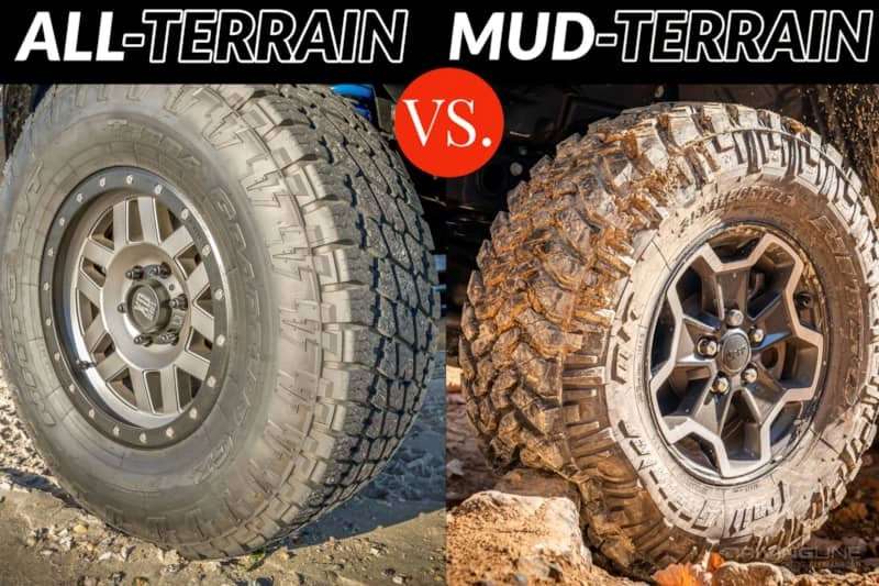 Comparison of clean all-terrain tire and muddy mud-terrain tire side by side for off-road use.