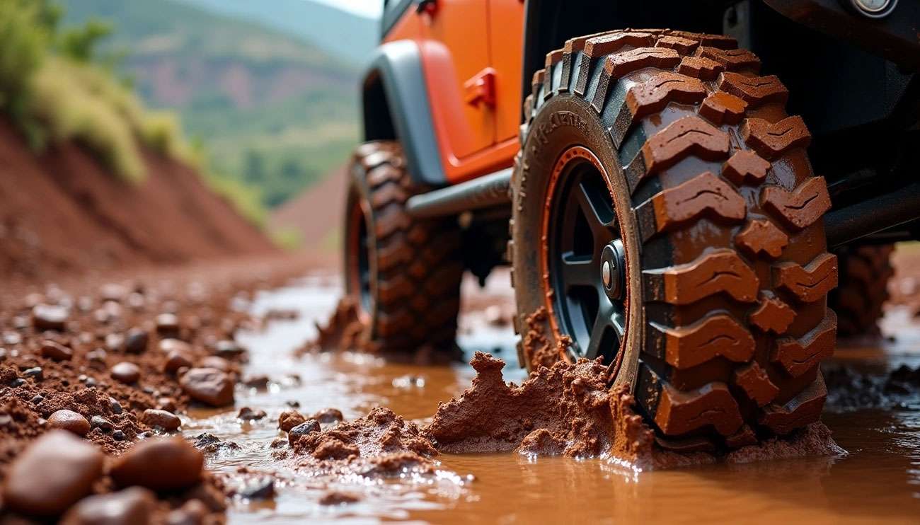 Close-up of rugged off-road tires kicking up mud on a rocky, wet trail during an outdoor test drive.