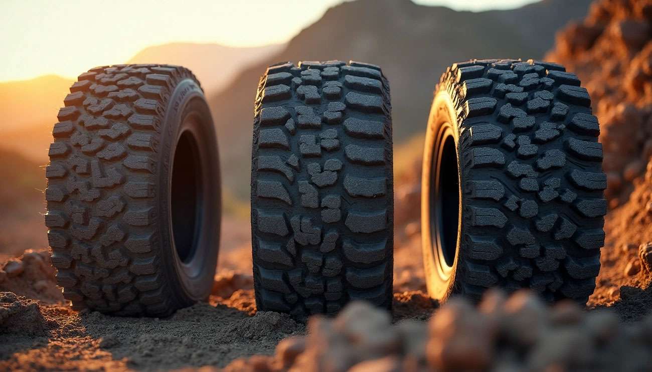 Three different off-road tires with rugged treads standing on dirt against a mountain backdrop at sunset.