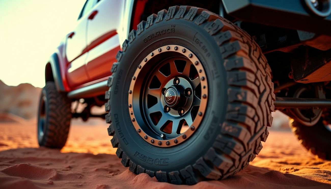 Close-up of a rugged off-road wheel and tire on a red 4x4 vehicle driving over sandy terrain at sunset.