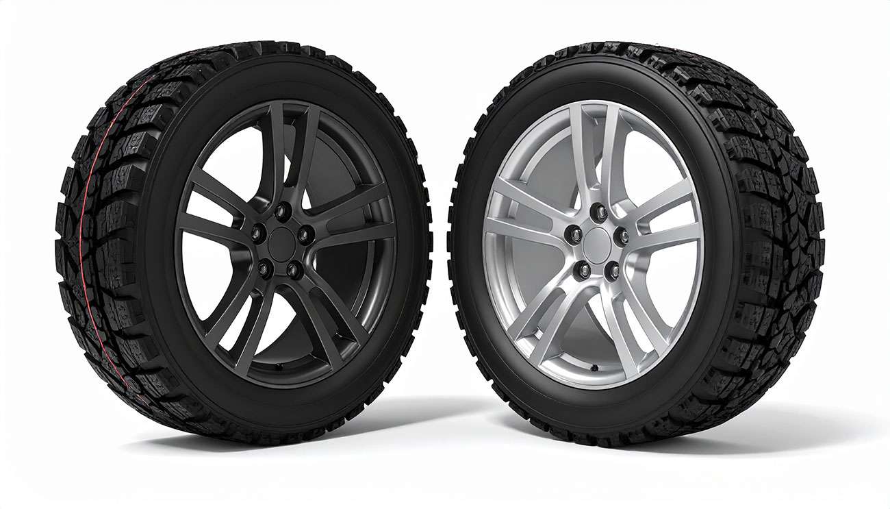 Two off-road wheels and tires, one black rim and one silver, illustrating off-road wheel materials