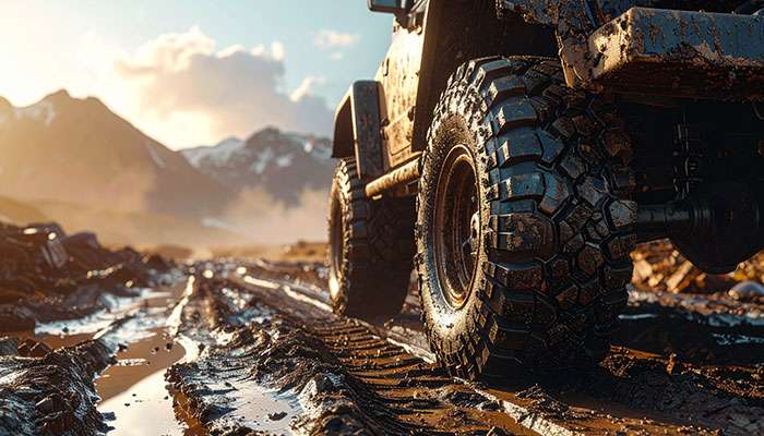 Rugged off-road wheels and tires on a muddy terrain