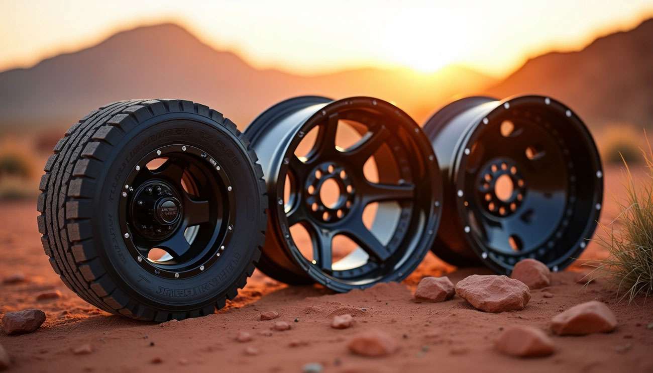 Three types of black off-road wheels displayed on desert sand with rocky terrain and sunset mountains in the background.