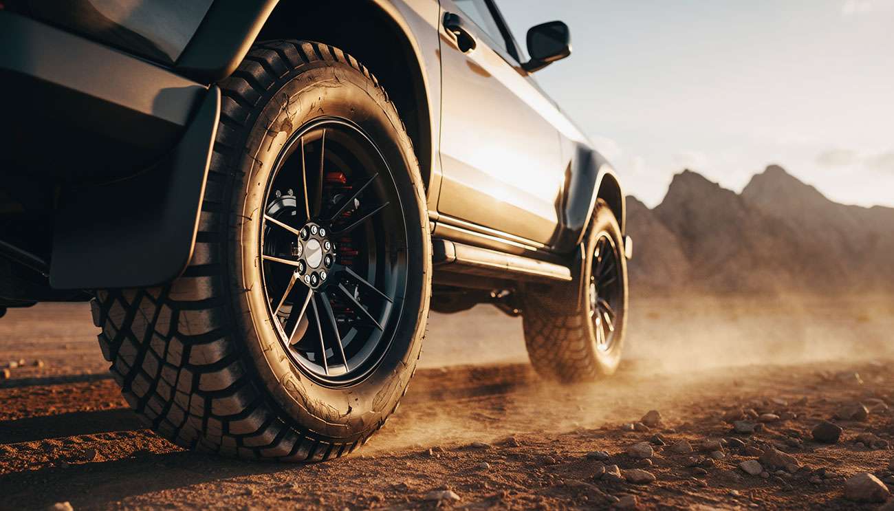 Close-up of rugged off-road vehicle tires on a rocky desert trail at sunset with mountains in the background