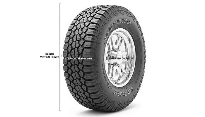Off-road tire labeled with 31 inch height, 10.5 inch wide treads, and 15 inch rim size on a dark background