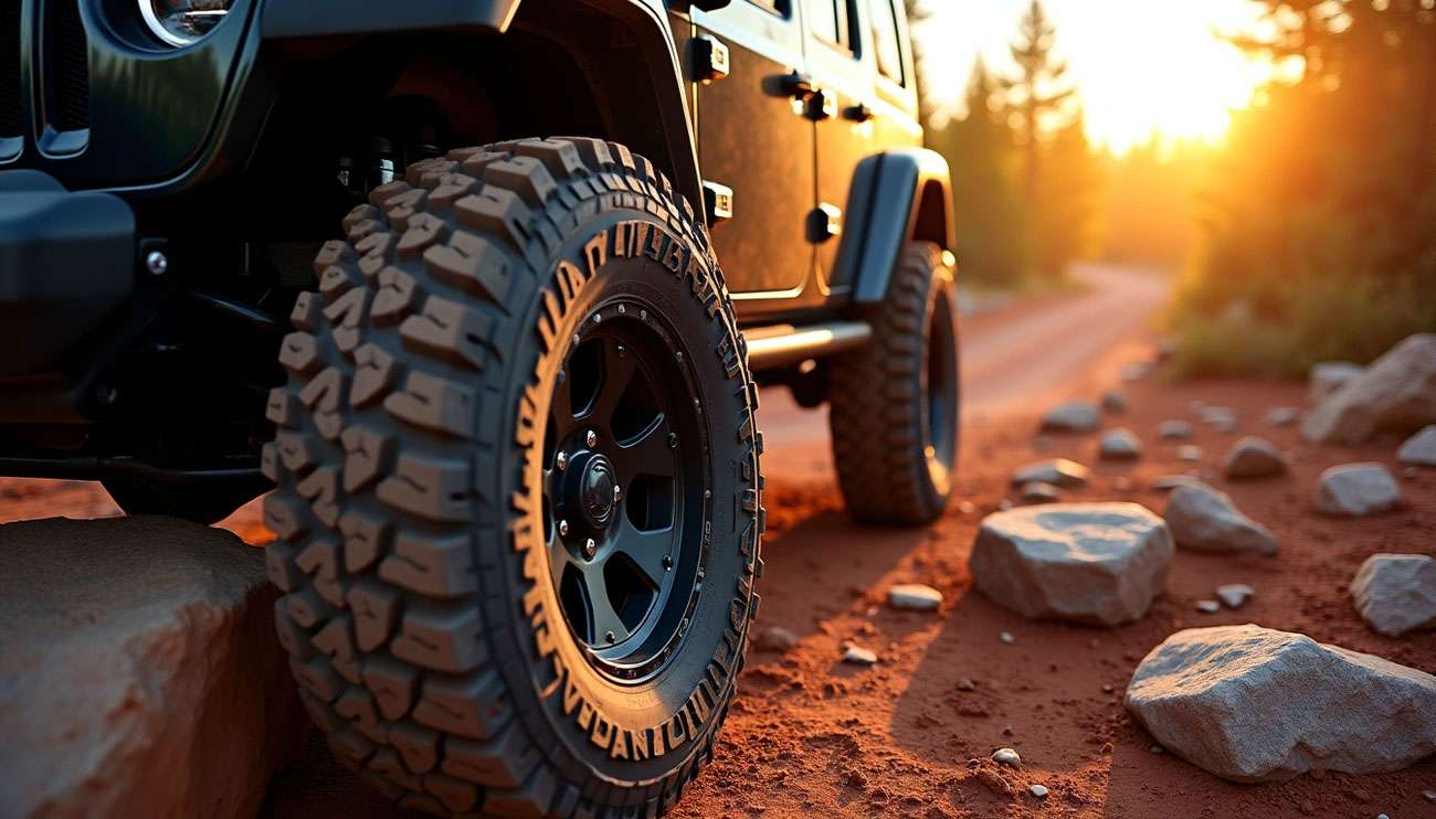 Close-up of rugged off-road tires on a 4x4 vehicle driving on a rocky dirt trail at sunset