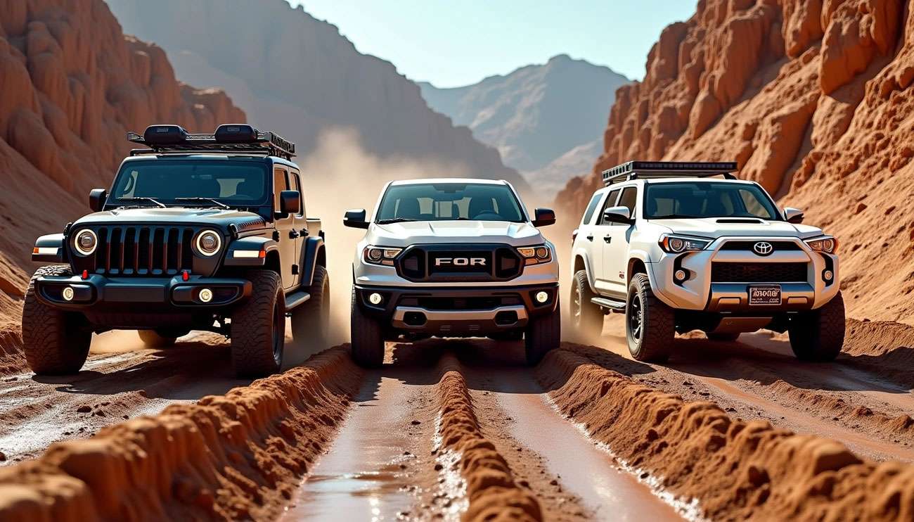 Three 4x4 off-road vehicles driving through a rugged desert canyon with deep tire tracks in the sand
