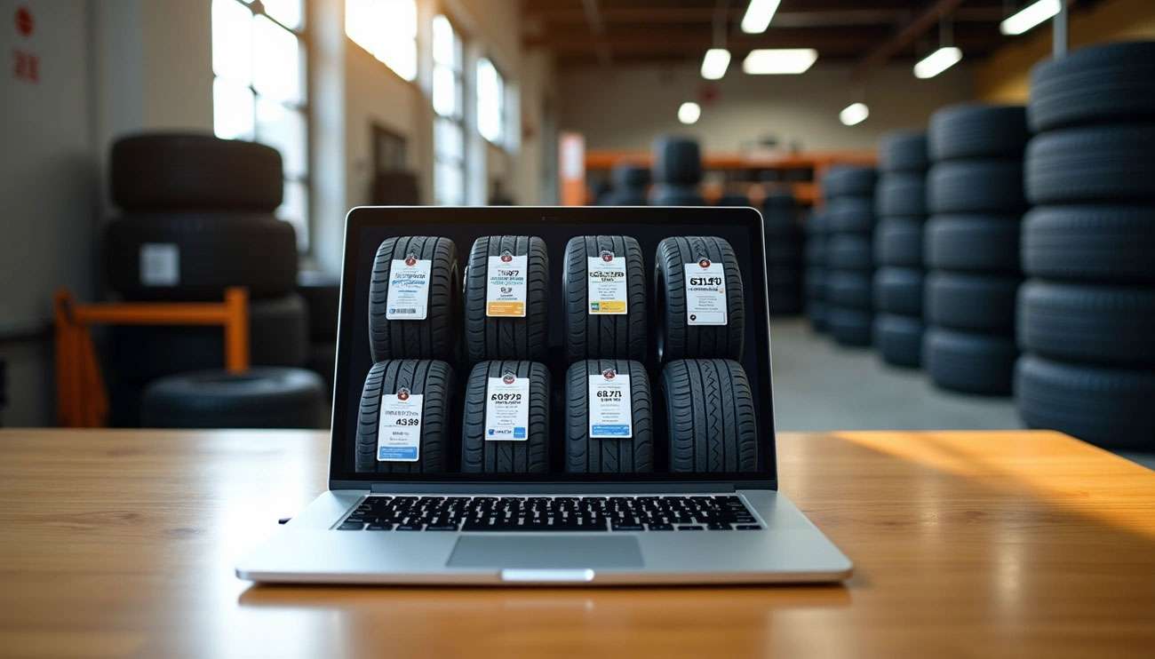 Laptop displaying online tire prices on wooden table with stacked tires in warehouse background
