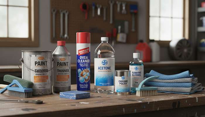 Common products for removing paint from chrome wheels: acetone, paint thinner, oven cleaner, and chrome polish