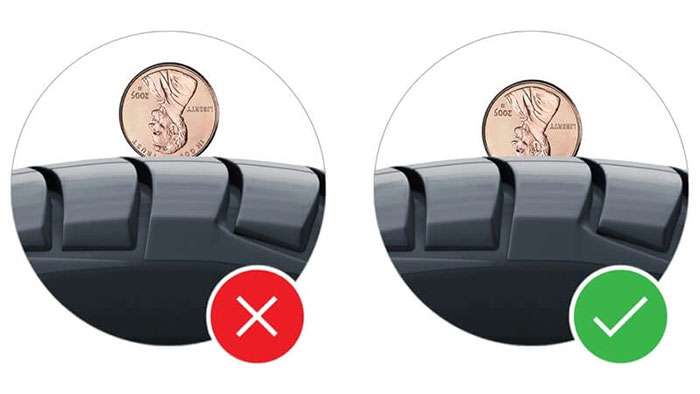 Two images showing a penny test to check tire tread depth with a red X for unsafe and green check for safe depth