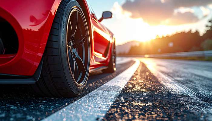 Performance tires on sports car cornering on dry pavement