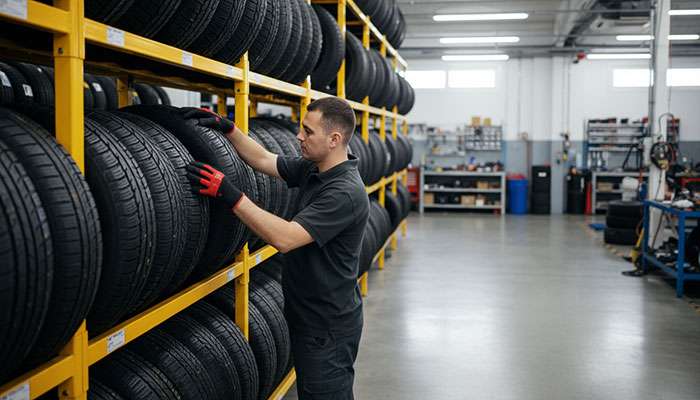 Person wearing gloves selecting a new car tire from a row of tires on a yellow rack in a workshop