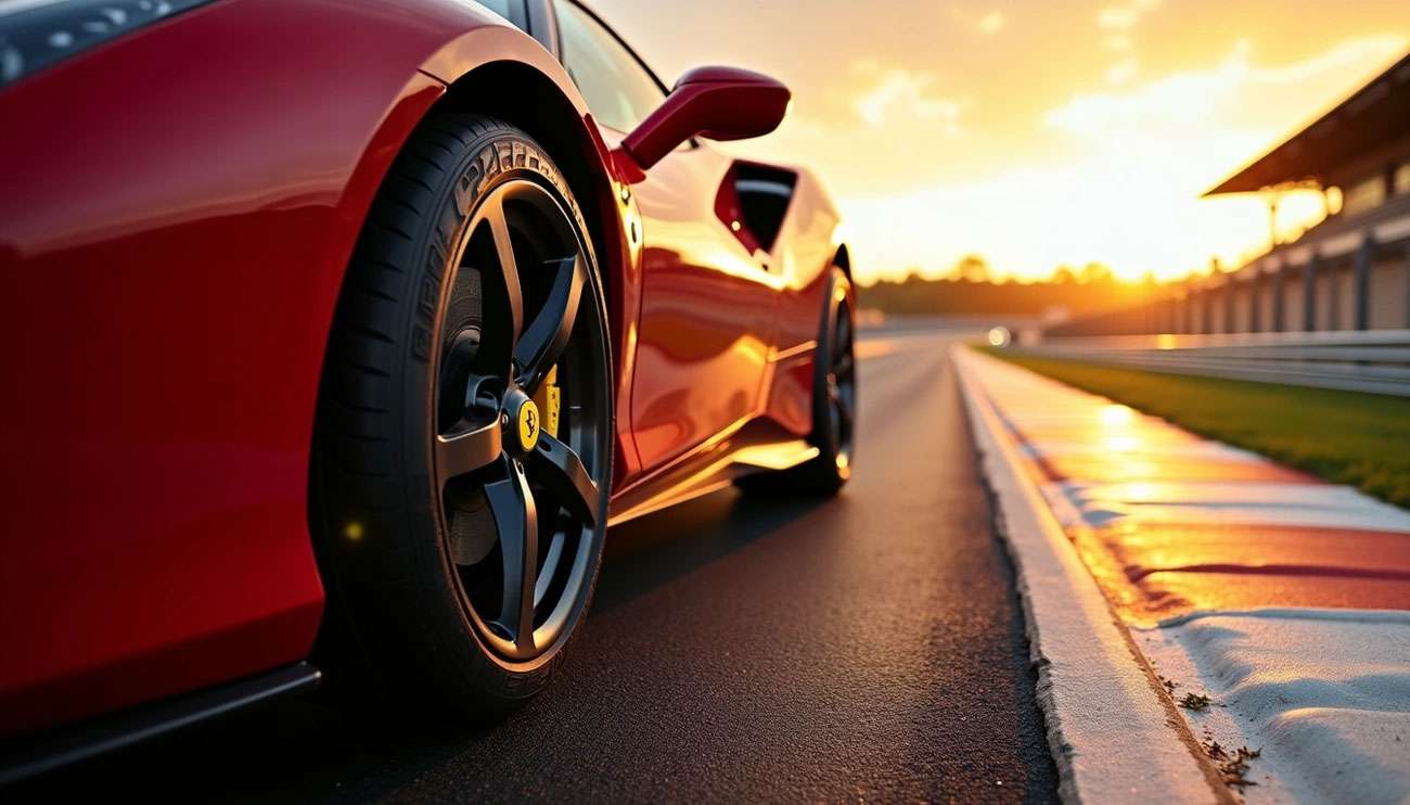 Close-up of a red sports car with Pirelli tires on a racetrack at sunset, highlighting tire performance and design