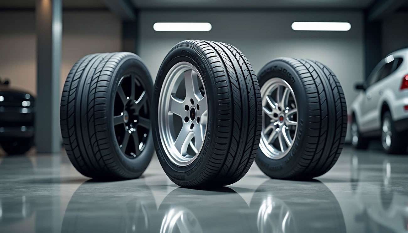 Three different car tires with rims displayed on a polished garage floor next to parked vehicles