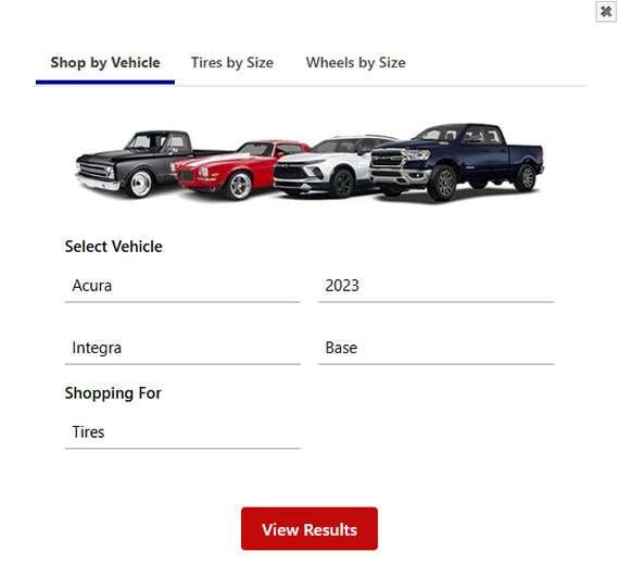 Select Vehicle modal—choose make, year, model, trim and tires category to view tire results that fit
