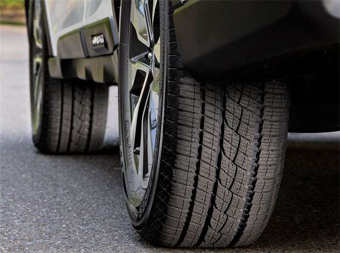 Close-up of premium, durable tires on a truck, designed for trucks, cars, and SUVs for long-lasting performance