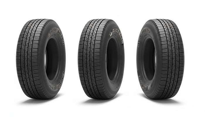 Display of quality RV tire brands including Goodyear Endurance, Michelin, and Maxxis showing superior construction