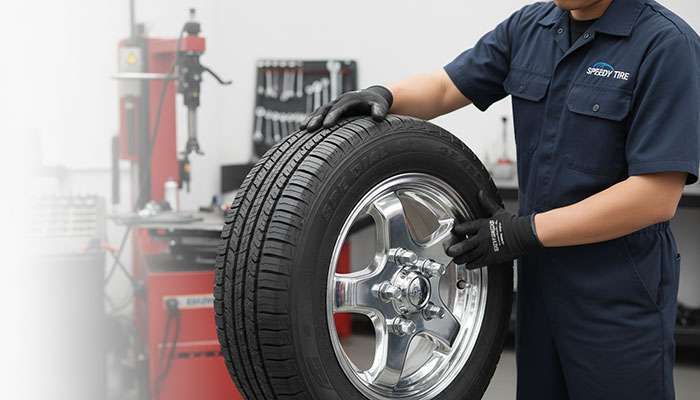 Professional technician installing new premium RV tires with proper torque specifications and alignment