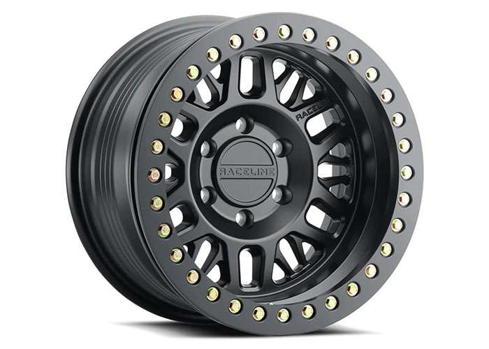 Black Raceline Off-Road Ryno Beadlock wheel with multiple bolt accents around the rim edge