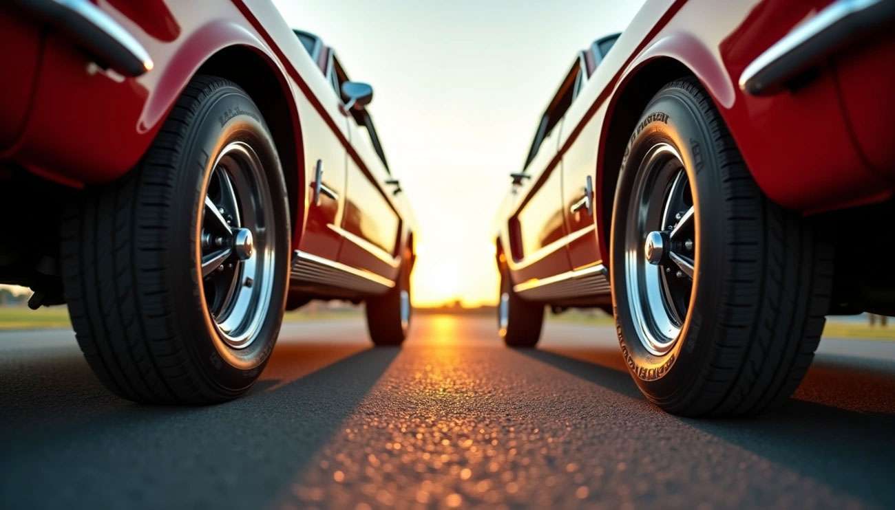 Close-up of two classic red cars' tires facing each other on a sunlit road at sunset