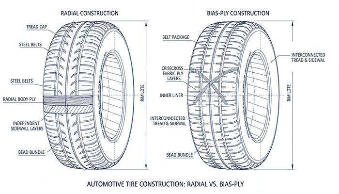 Cross-sectional comparison of radial and bias tire constructions showing ply and belt layer arrangements
