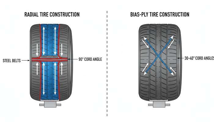 Side-by-side comparison diagram showing radial tire construction versus bias-ply tire construction with cord arrangements