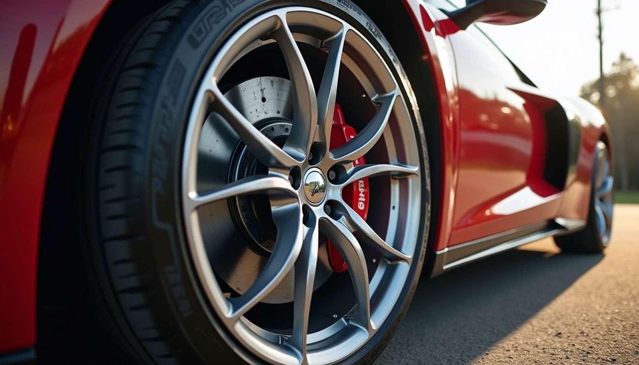 Close-up of a sleek silver rim and tire on a red sports car highlighting car culture esthetics