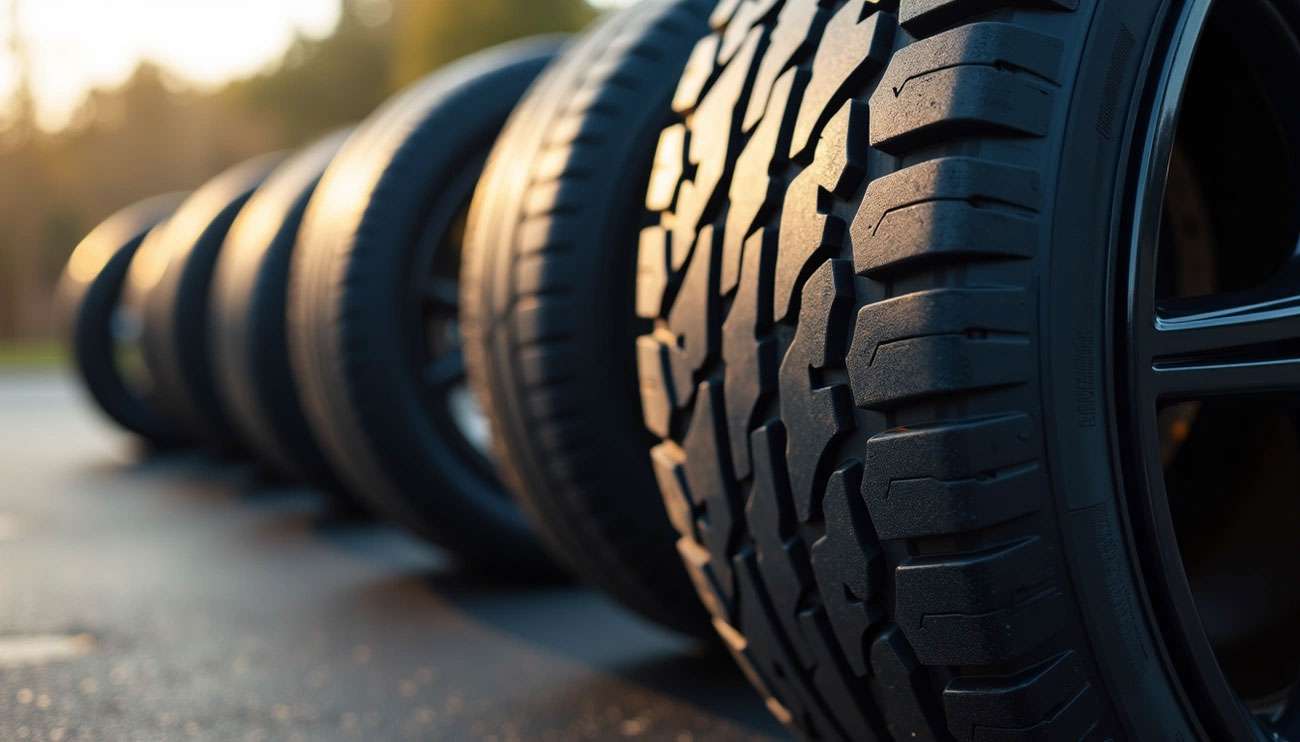 Close-up of a row of tires with different treads, highlighting durability and reliability in tire brands
