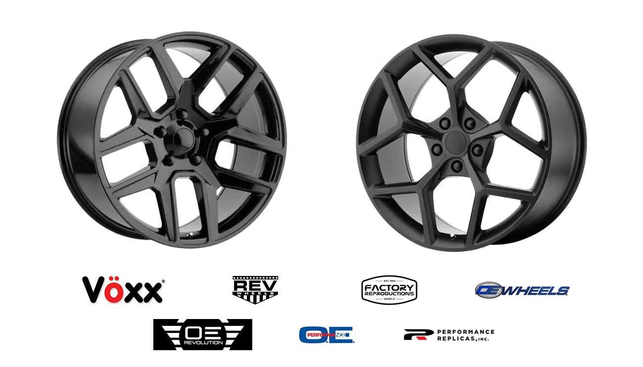 Two sleek black replica alloy wheels with five double spokes