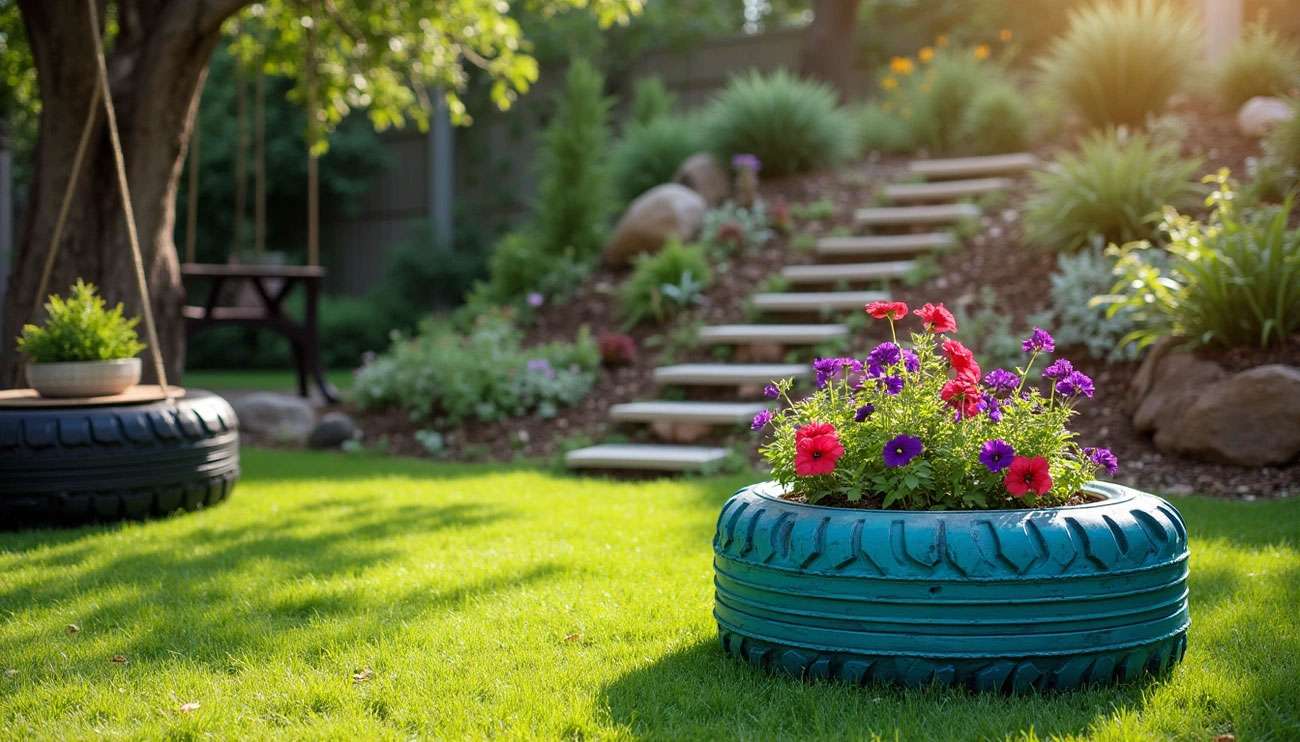 Old tires repurposed as colorful flower planters in a sunny, lush garden with stairs and greenery in the background.