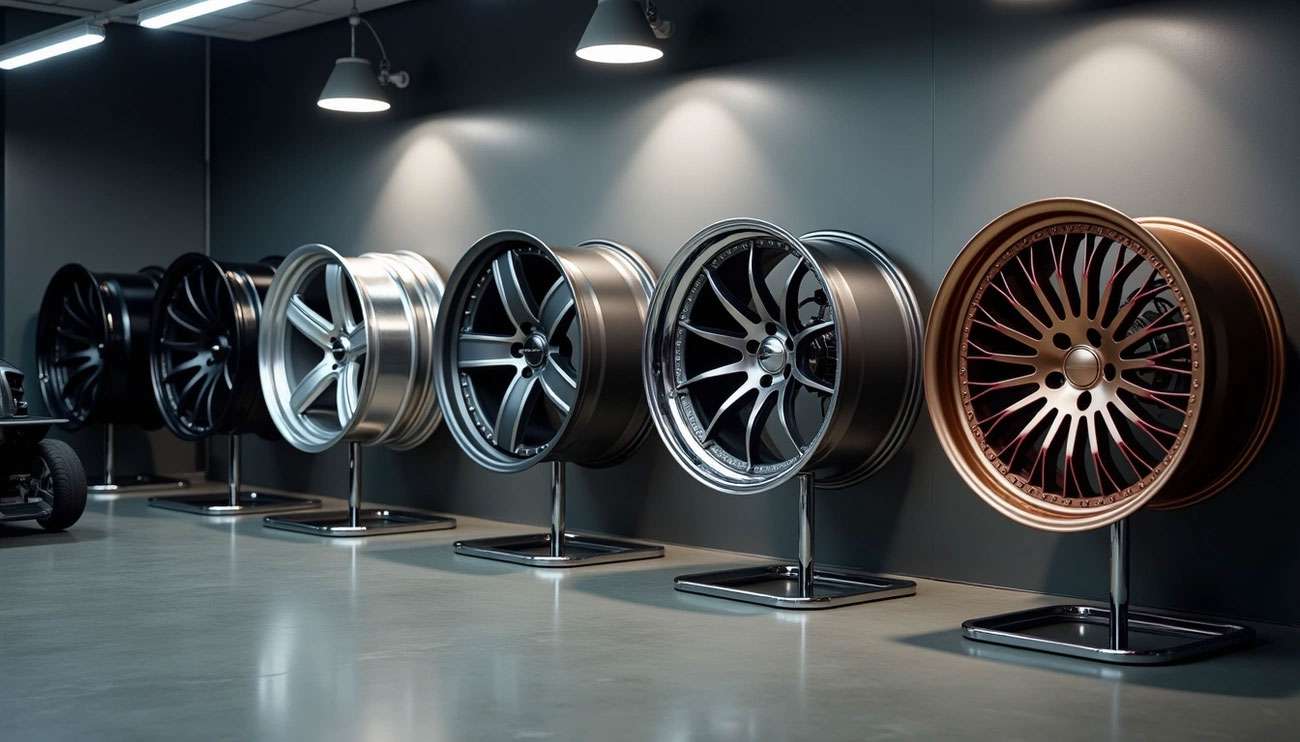 A row of car rims in various styles and finishes displayed on stands under showroom lighting.