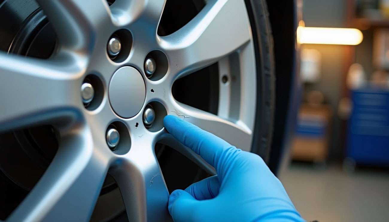 Gloved hand pointing at scratches and chips on a silver car rim in a workshop setting