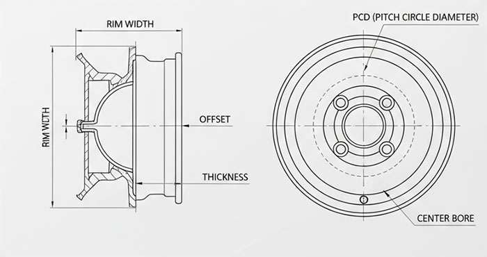 Technical drawing of a tubeless steel car rim with labeled measurements and specifications