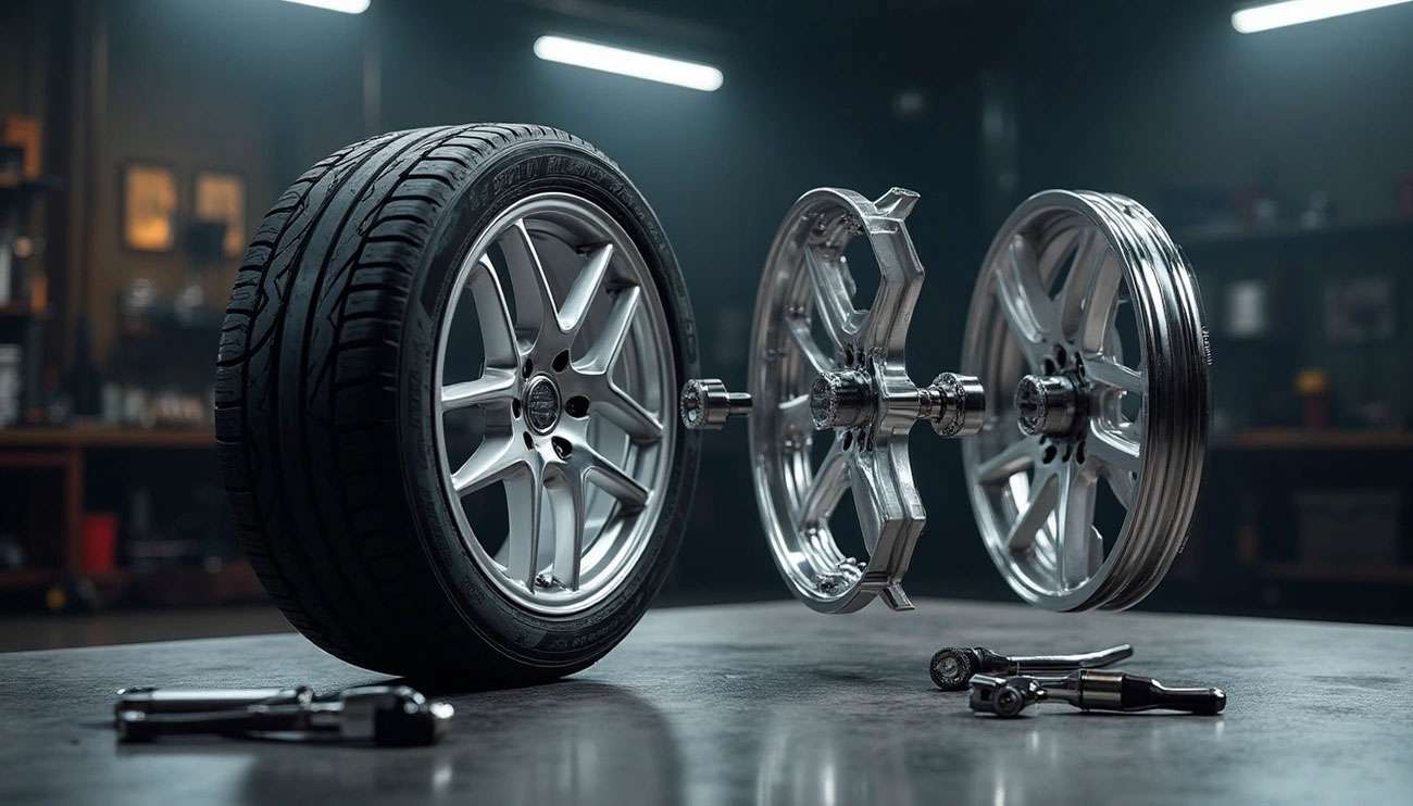 Exploded view of a car wheel showing tire, rim, and wheel components on a workshop table with tools nearby.